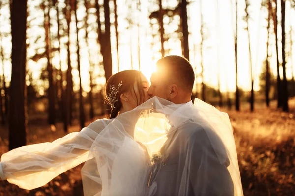 Feliz Pareja Jóvenes Recién Casados Bosque Besos —  Fotos de Stock