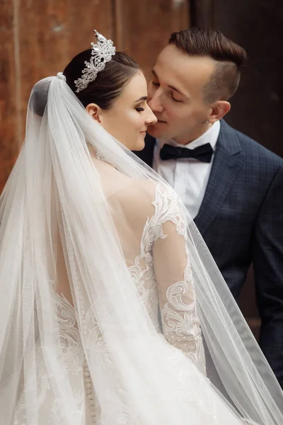 Belo Jovem Casal Recém Casados Posando — Fotografia de Stock