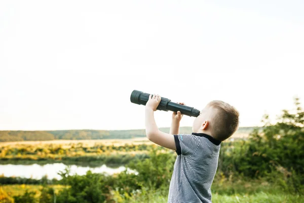 Little Blond Boy Looking Telescope Summer Park Background — Stock Photo, Image