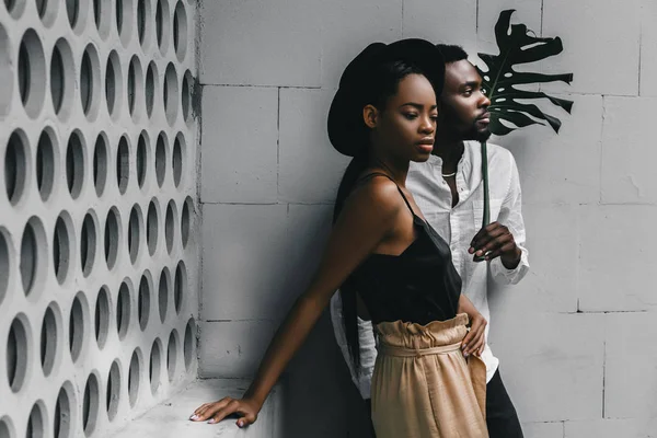 Portrait Couple Afro Américain Élégant Avec Feuille Palme Verte — Photo