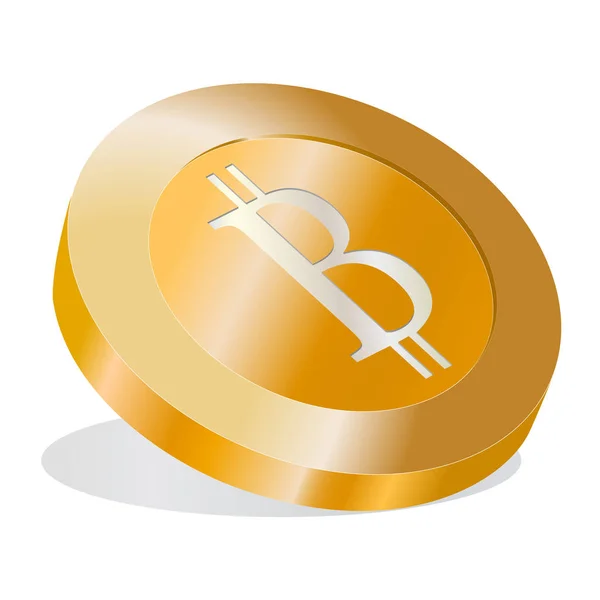 Bitcoin 3D de oro macizo con reflejo de luz en la superficie con ilustración vectorial sombra aislado sobre fondo blanco — Vector de stock
