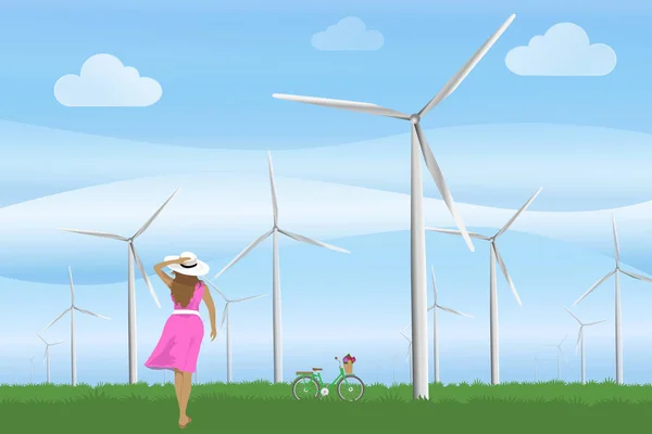 ピンクのドレスと自転車の女性のベクトル図では 風力タービンの緑のフィールドで新鮮な空気をお楽しみください 地球を救う 生態学 再生可能エネルギー クリーン エネルギーの概念 — ストックベクタ