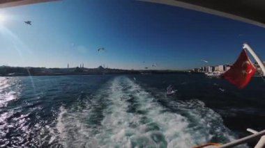 İstanbul 'daki martılar mavi denizin üzerinde bir geminin arkasında uçuyorlar. Bir kuş sürüsü ekmeği besledi. Hayvanlar yemek ister..