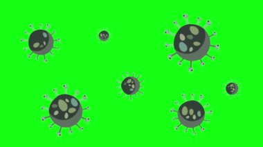 Coronavirus bakterisi yeşil ekranda çoğalır. COVID-19 salgınının yayılması. Mikroskop altında büyük virüs hücreleri.