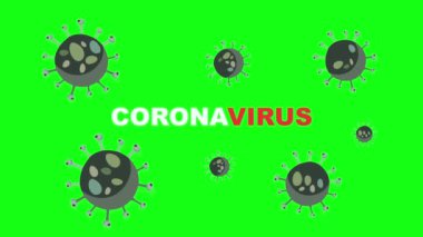 Coronavirus bakterisi yeşil ekranda çoğalır. COVID-19 salgınının yayılması. Mikroskop altında büyük virüs hücreleri. 4k videosunda Coronavirus yazılıydı..