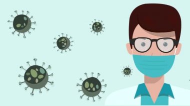 Tıbbi maskeli ve gözlüklü bir doktorun animasyonu. Coronavirus bakterisi mavi ekranda çoğalır. COVID-19 salgınının yayılması. Mikroskop altında büyük virüs hücreleri.