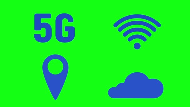 Animazione internet ad alta velocità 5G, wi-fi, cloud di archiviazione dati, geolocalizzazione su sfondo verde. L'icona blu in video 4k. — Video Stock