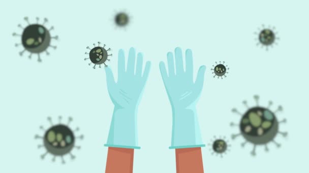 Animasi tangan manusia dalam sarung tangan pelindung. Kuman Coronavirus menyebar dan tidak dapat menembus tubuh manusia. Covid 19 pandemi atau pemulihan desinfeksi. — Stok Video