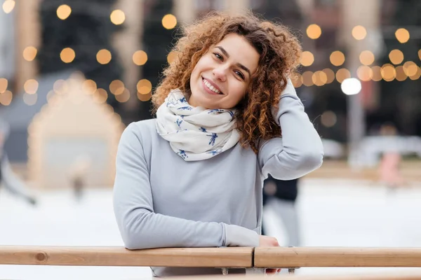 Beautiful Curly Girl Ice Rink — Stock Photo, Image