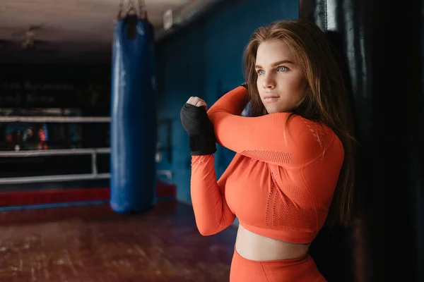 Sporty Girl Boxing Bandages Punching Bag — Stock Photo, Image