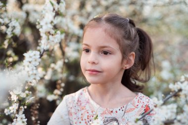 Beyaz çiçekli küçük bir kızın portresi. Güzel bir kızın bahar portresi. Kahverengi gözlü şık bir kız