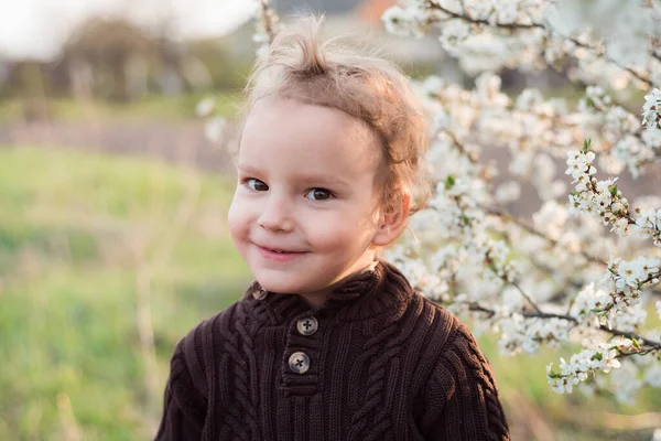 Brown Eyes White Curls Stylish Boy White Skin Portrait Spring — Stock Photo, Image