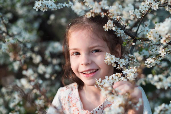 Portrait of a mrebenka in the spring near white flowers. Happy childhood. A beautiful little lady in a flowering garden in the spring. The child laughs.