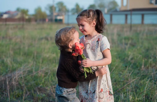 Childhood Care Love Little Brother Comforts His Sister Sad Emotions — Stock Photo, Image