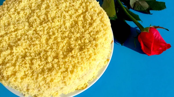 Mimosa cake. Traditional Italy cake for Women and Mother Day. Eight March.