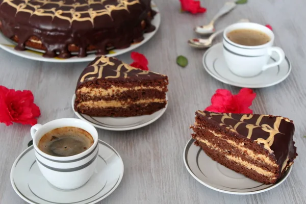 Homemade Chocolate Cake Served Coffee Wooden Table — Stock Photo, Image