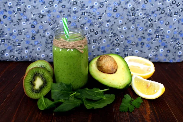 Frischer Avocado Smoothie Auf Holztisch Draufsicht Mit Kopierraum — Stockfoto