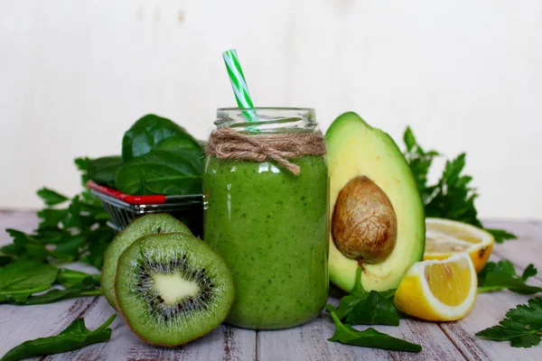 Fresh Avocado Smoothie Wooden Background Top View — Stock Photo, Image