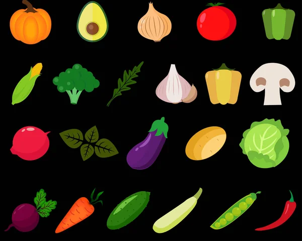 Légumes icônes sur fond noir — Photo