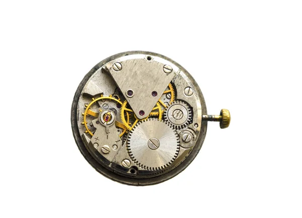 철강 시계에 태엽 한 장치의 오래 된 기계적인 손목 시계 흰색 절연 — 스톡 사진