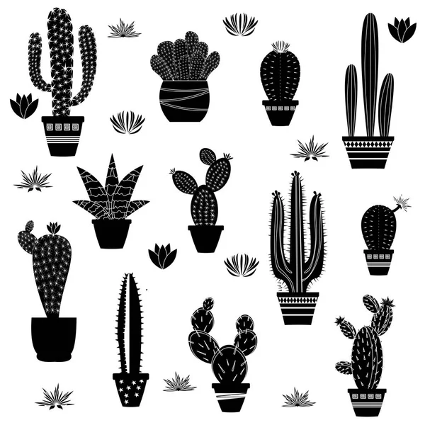 Cactus Silhouetten Geïllustreerd Witte Achtergrond — Stockvector