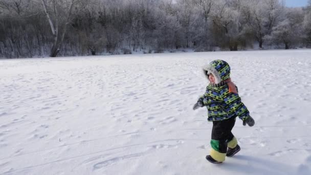 Маленький хлопчик біжить вздовж замерзлого озера в парку — стокове відео