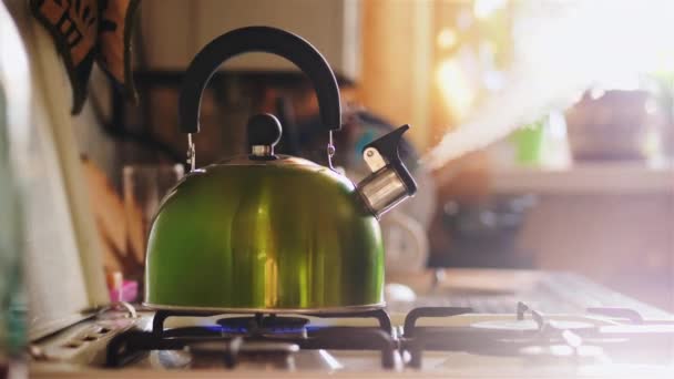 Boiling green kettle boiling with steam emitted from spout. — Stock Video