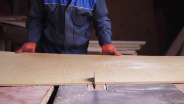 Homem de corte de madeira com uma máquina — Vídeo de Stock
