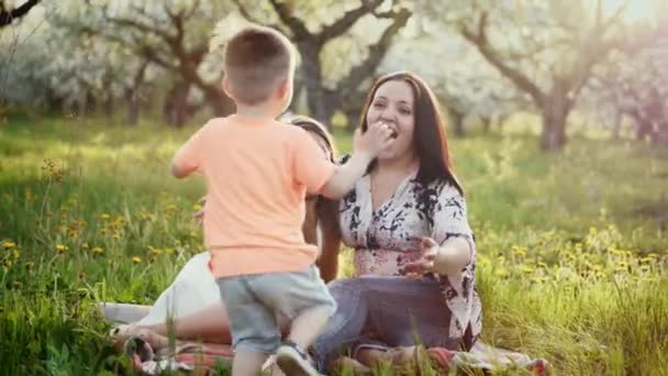 Mor och hennes lilla dotter och son i en blommande trädgård — Stockvideo