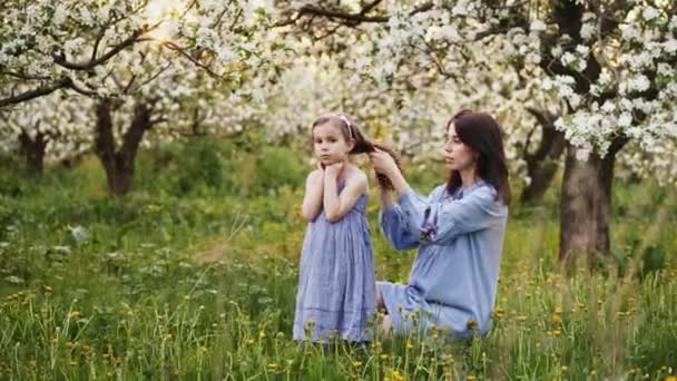 Çiçek açan bir elma bahçesinde kızıyla birlikte şirin genç anne — Stok video