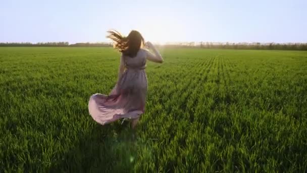 Piękna dziewczyna uruchomiona na wiosnę pole zwolnionym tempie — Wideo stockowe