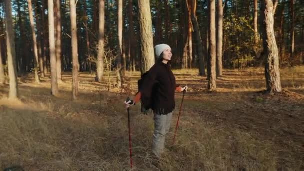 Uma menina com postes de trekking fica no meio da floresta — Vídeo de Stock