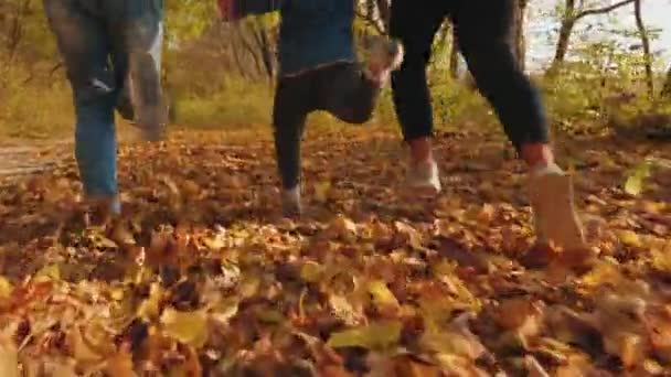 Люди бегают вдоль осенних листьев, крупным планом ног — стоковое видео
