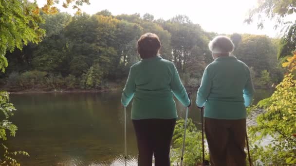 Senior vrouwen rusten na Nordic Walking — Stockvideo