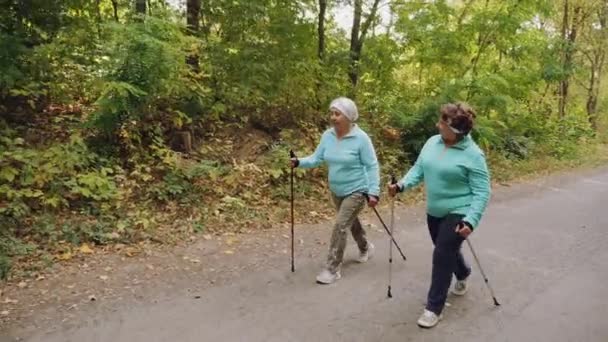 Mayores mujeres mayores practicando Nordic walking al aire libre — Vídeos de Stock