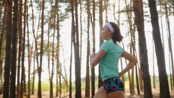 Meisje in sportkleding joggen in het bos — Stockvideo