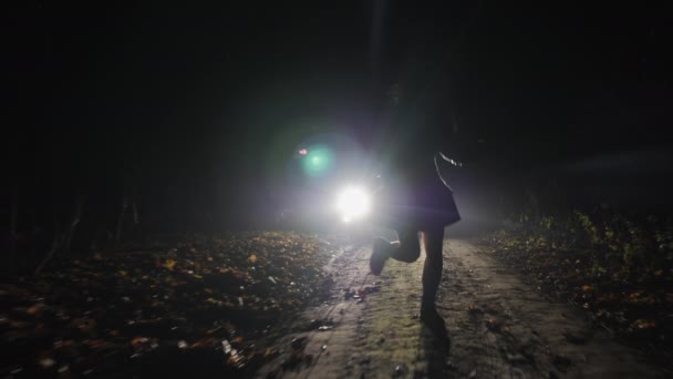 Silhouet van een lopend meisje in de koplampen van een auto — Stockvideo