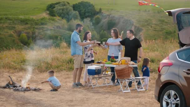 Şehir dışında piknik yapan iki aile. — Stok video