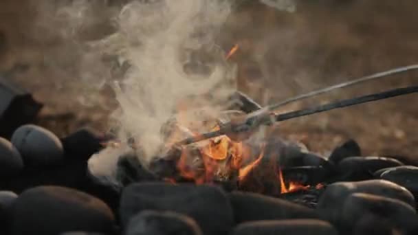 Slanina a párek na špejlích se smaží na ohni — Stock video