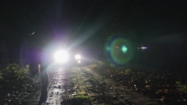 Silhouet van een lopend meisje in de koplampen van een auto — Stockvideo