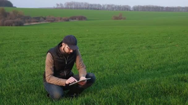 Hombre agricultor trabajando en una tableta PC en el campo — Vídeo de stock