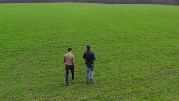 緑の冬の小麦のフィールドを歩いて2人の男性農家の空中ビューは 作物の成長を見て — ストック動画