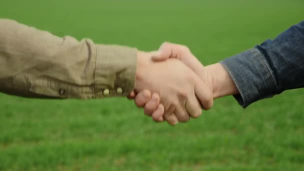 Poignée de main de deux hommes sur le terrain — Video