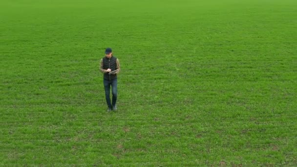 Vista aérea de un granjero con una tableta caminando sobre un campo verde — Vídeos de Stock