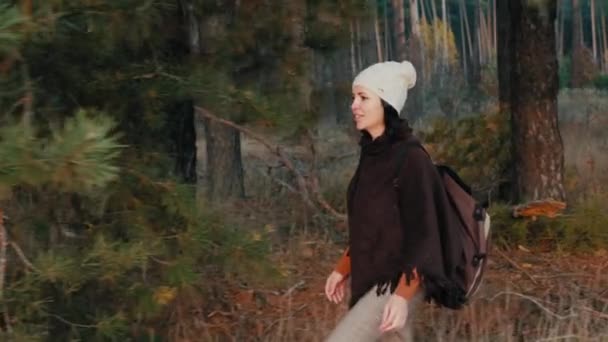 Una chica caminando en el bosque de pinos — Vídeo de stock