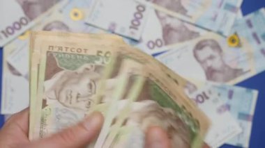 Bir adam çabucak 500 Hryvnia 'lık banknotları sayar.