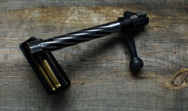 Çekim, karabina klip, cephane, yalan ve wooder bir arka plan üzerinde.