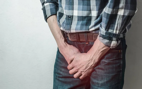 Man Vasthouden Aan Penis Het Concept Van Kanker Prostaat Erectie — Stockfoto