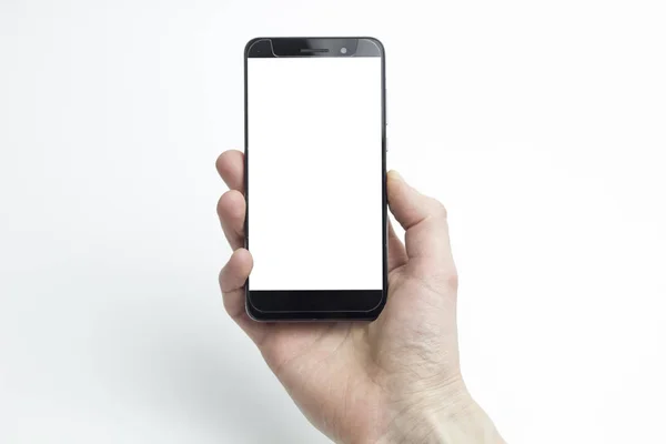 Une Main Homme Tenant Smartphone Sur Fond Blanc Écran Tactile — Photo