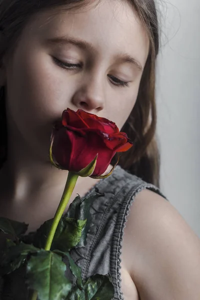Portrait Girl Rose Girl Smells Red Flower — Stock Photo, Image